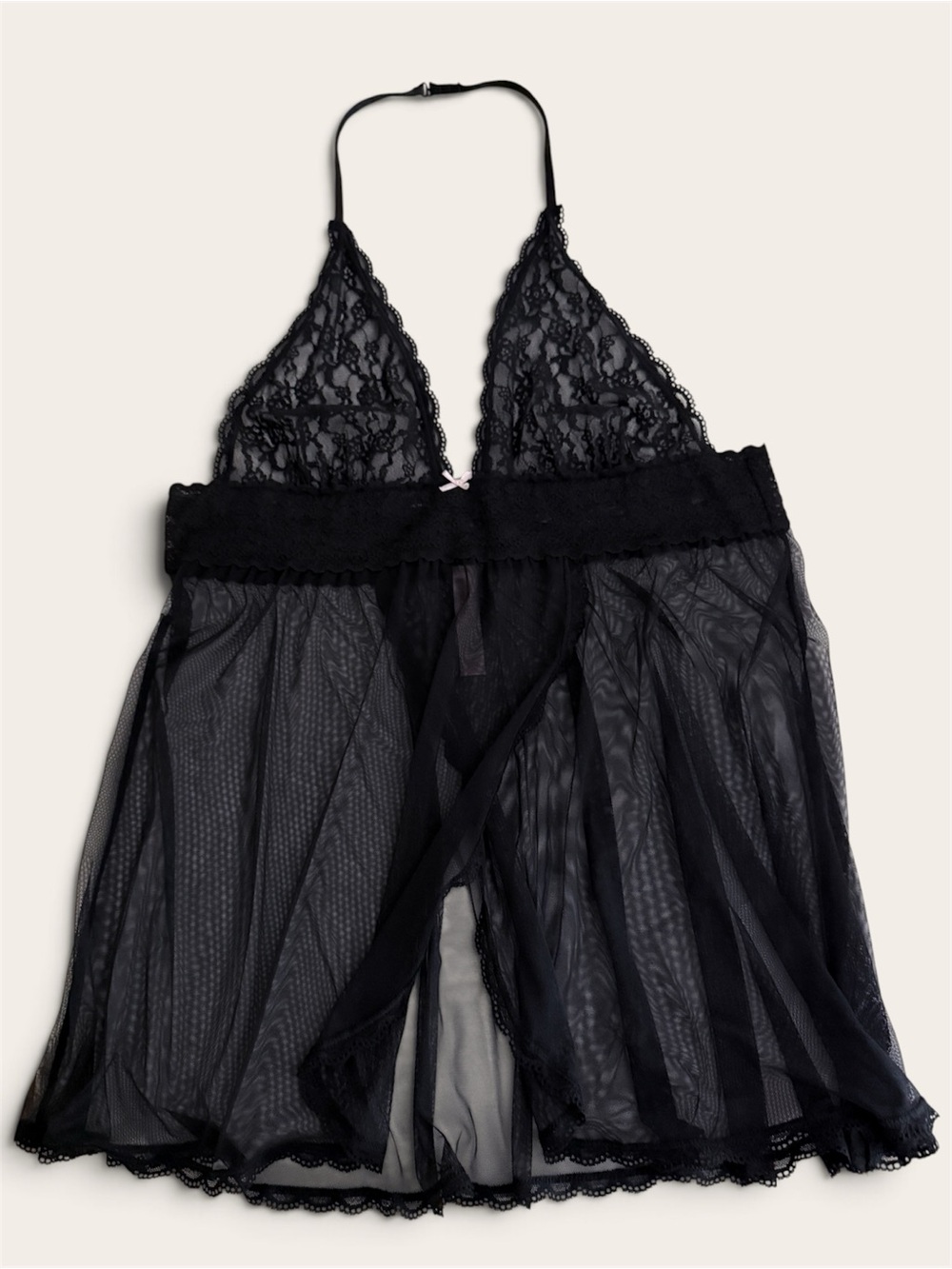 Victoria's Secret Lace Mesh Negligee Babydoll Chemise Halter Black XL NWOT